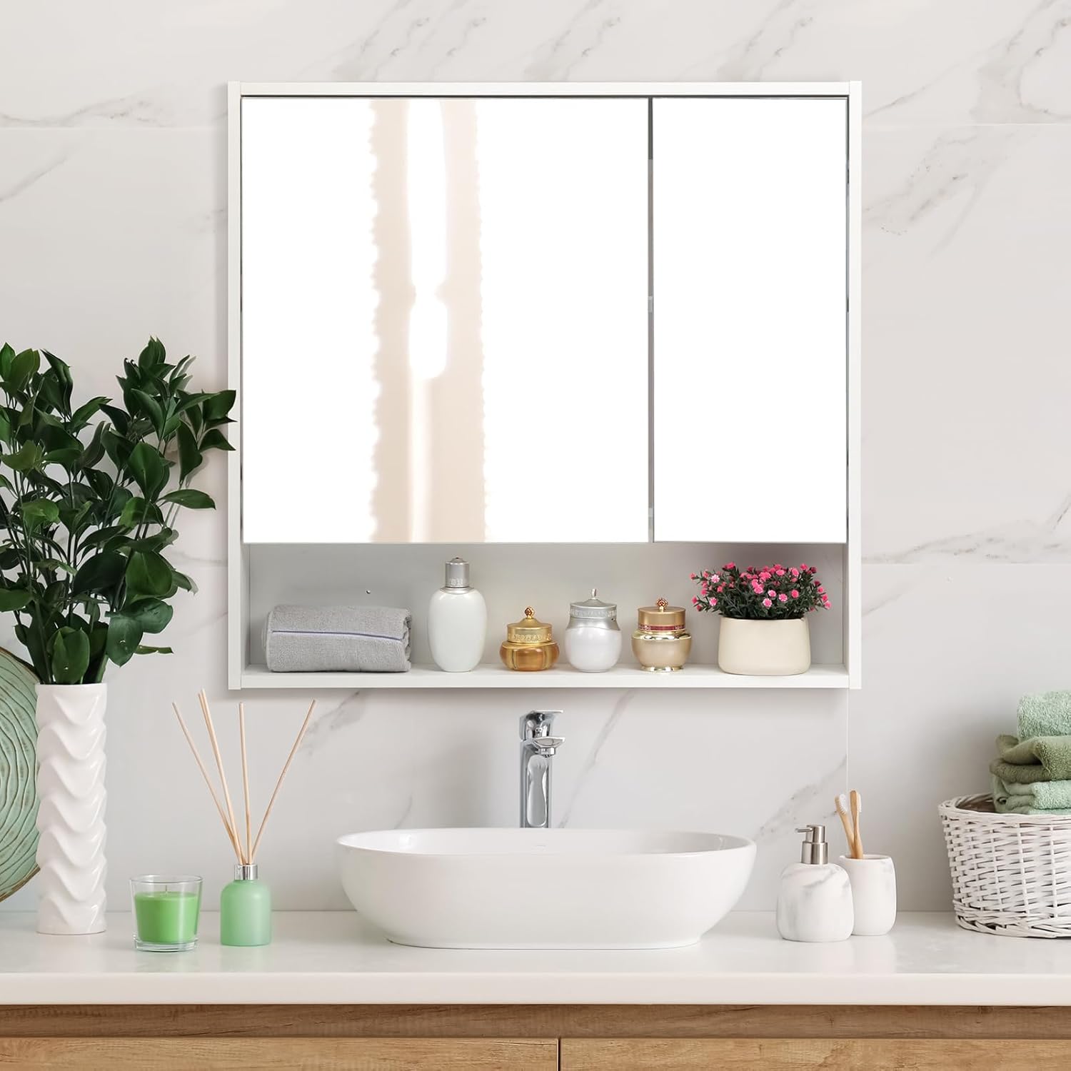 Medicine Cabinet with Mirror and Shelves, Bathroom Wood Wall Cabinet Over The Toilet