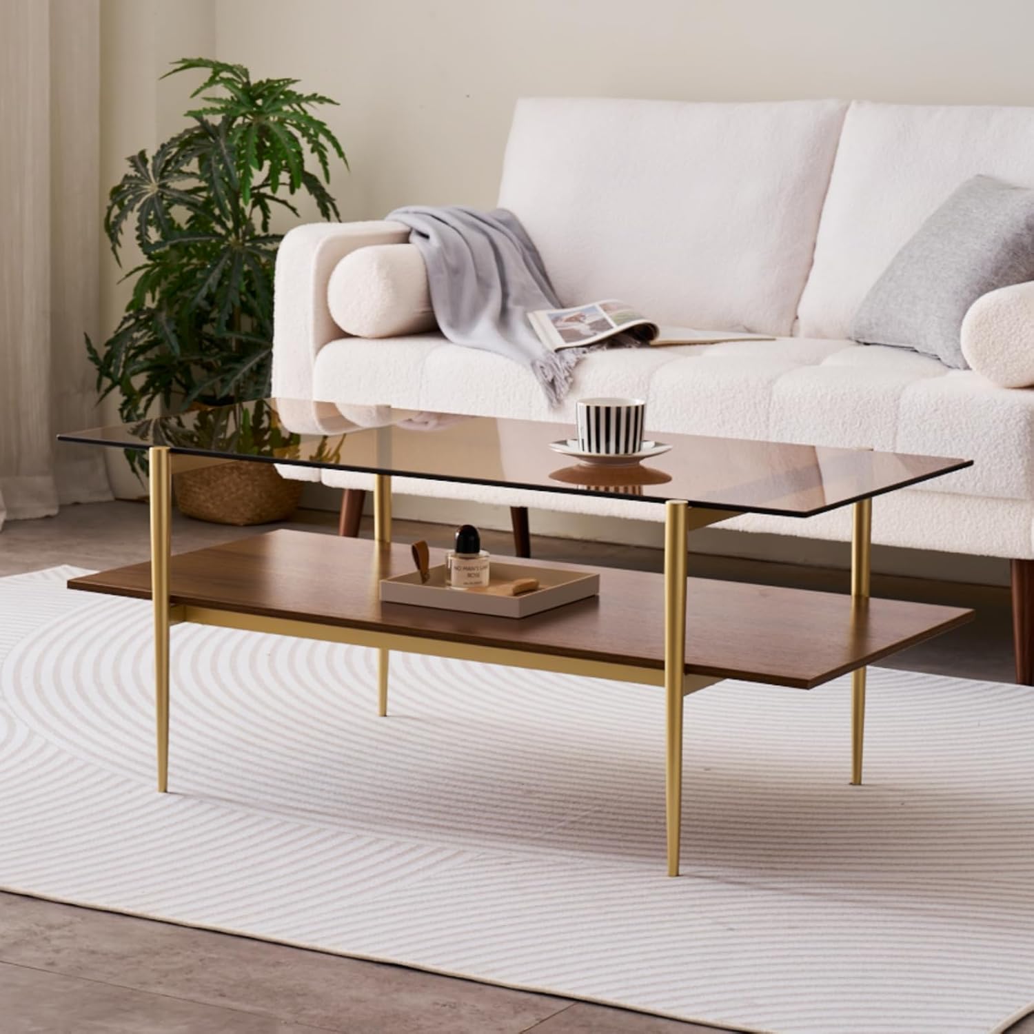 Rectangle Coffee Table, Mid-Century Modern Design, L41 W21 x H17, for Living Room, 2-Tier Structure