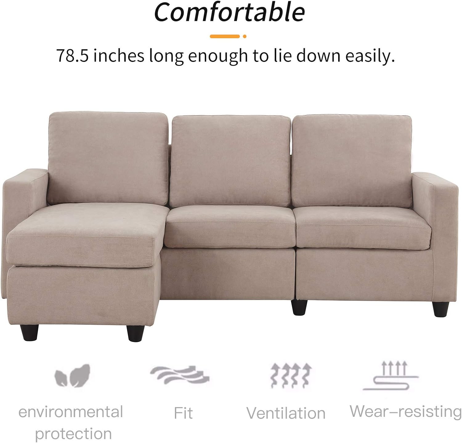 L Shaped Couch with Linen Fabric, Convertible, Reversible Sectional Sofa for Small Space, Dark Beige