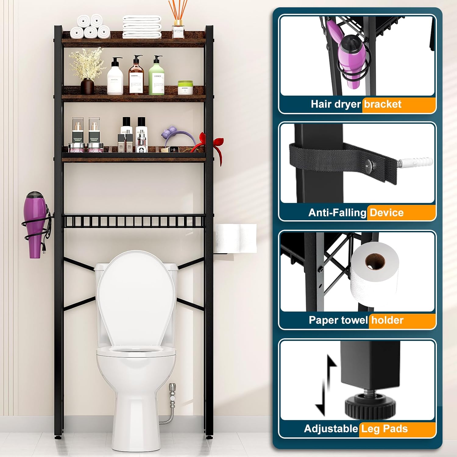 Over The Toilet Storage Cabinet,4 Tier Bathroom Organizers and Storage With Adjustable Shelf Waterproof Feet Pad and Basket