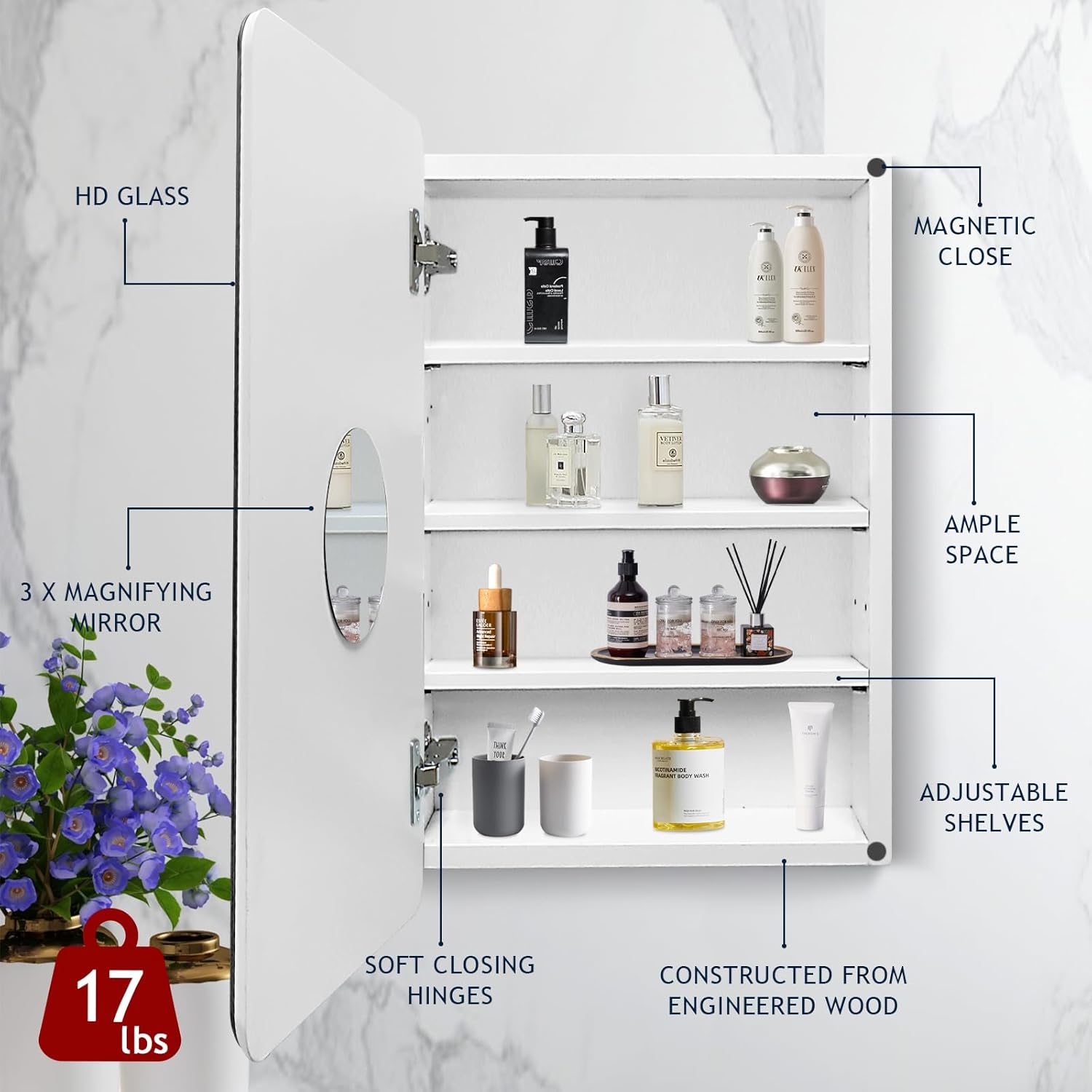 White Medicine Cabinet Mirror for Bathroom, 16x29 Inch Recessed Medicine Cabinet or Surface Mount