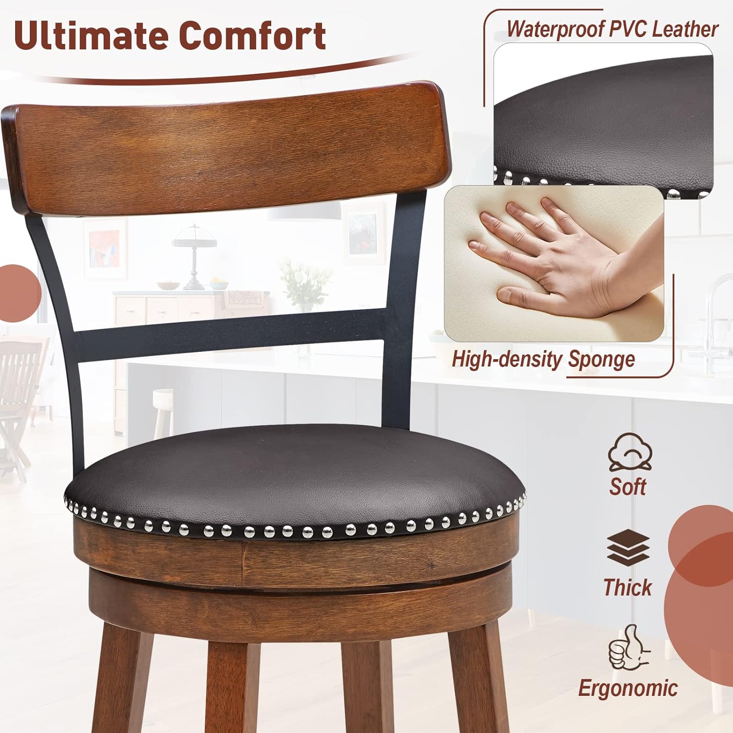 Bar Stools Set of 2-25.5" Counter Height Swivel Rubber Wood Barstools with Soft Padded Seat Cushions, Footrests, Easy Assembly Armless Farmhouse Kitchen Island Bar Chairs with Back, Brown