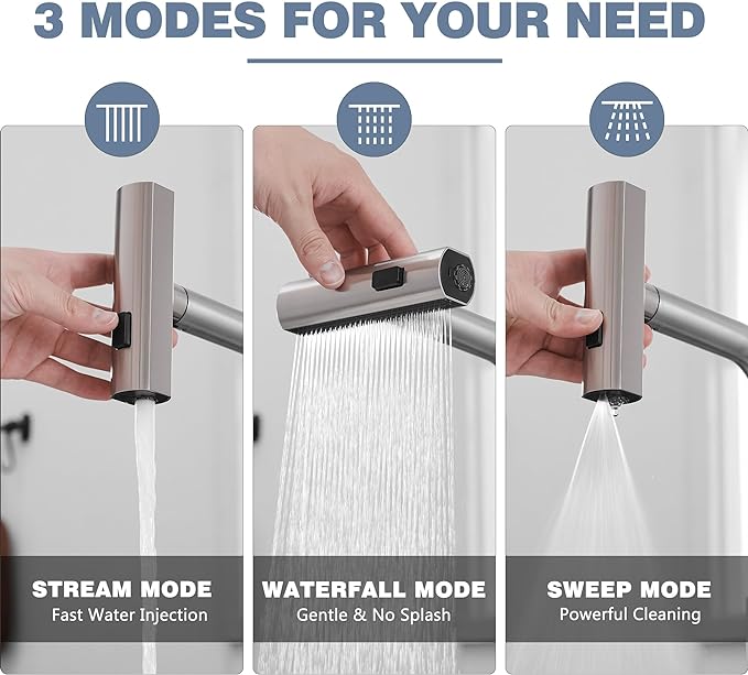 Waterfall Kitchen Faucet with Pull Down Sprayer Brushed Nickel Single Hole Handle Stainless Steel Kitchen Sink Faucet