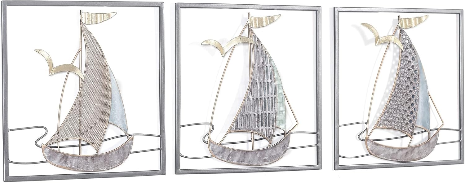 3D Metal Sailboat Wall Art Set of 3, Handmade Antique Finishing 24 inch Metal Wall Sculptures