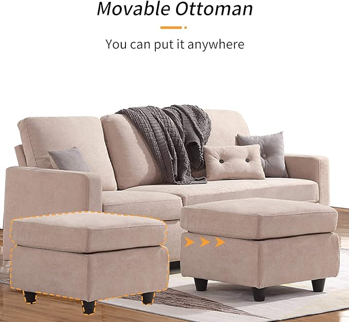 L Shaped Couch with Linen Fabric, Convertible, Reversible Sectional Sofa for Small Space, Dark Beige