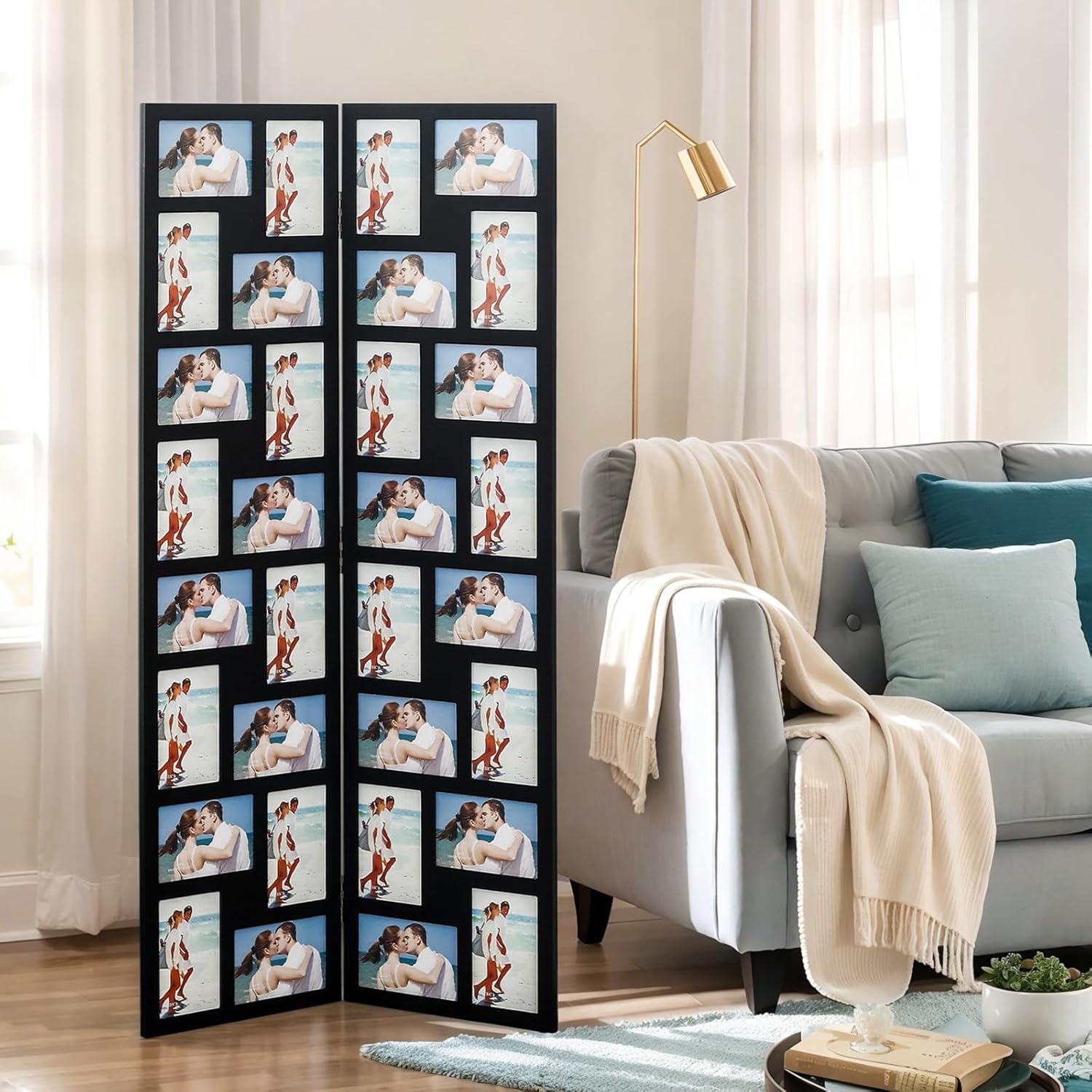 Black Wood Hinged Folding Screen-Style Collage Picture Photo Frame 32 Openings