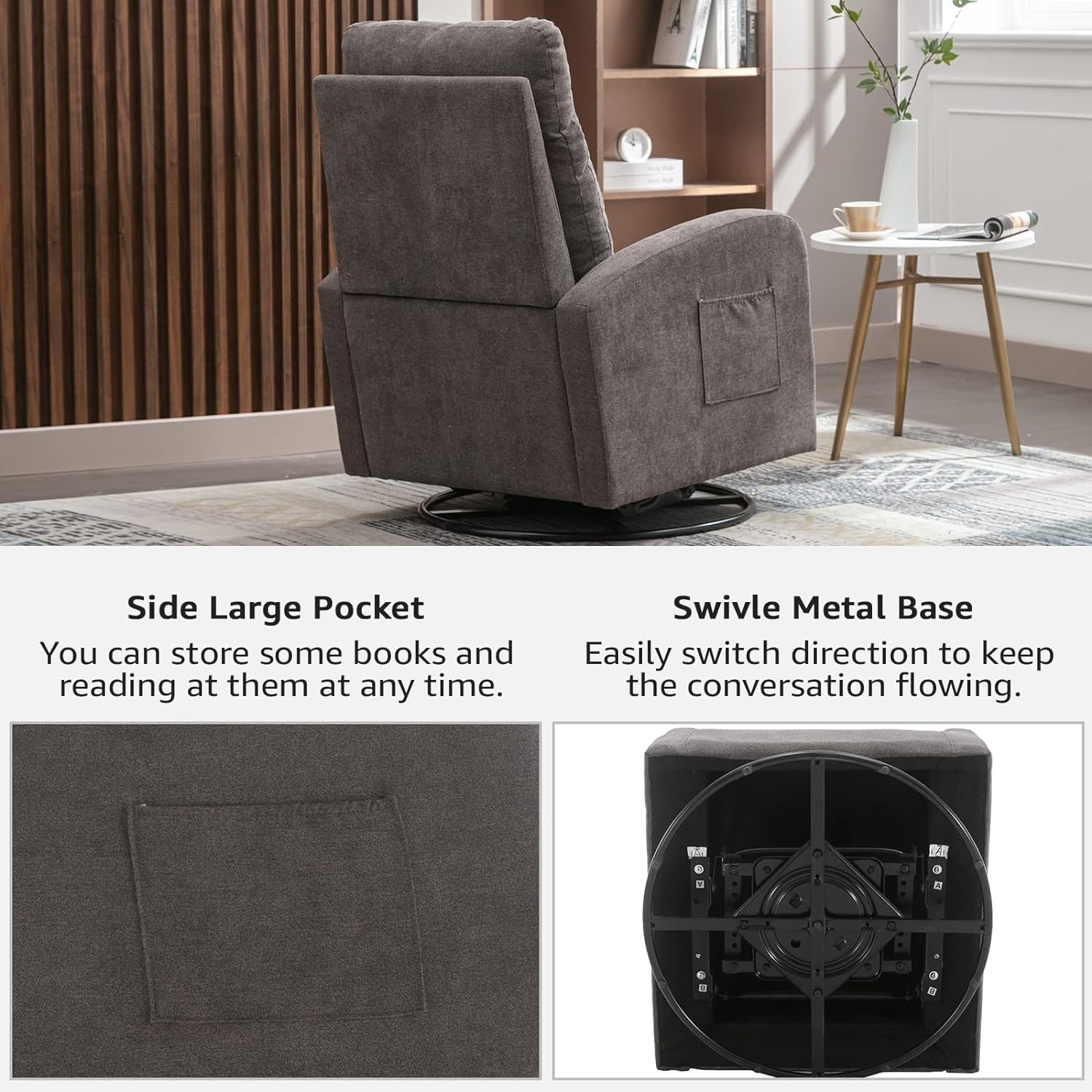 Upholstered Recliner and Swivel Glider, Rocker for Nursery, Rocking Accent Chair Padded Seat with High Backrest and Side Pocket for Living Room (Dark Grey)