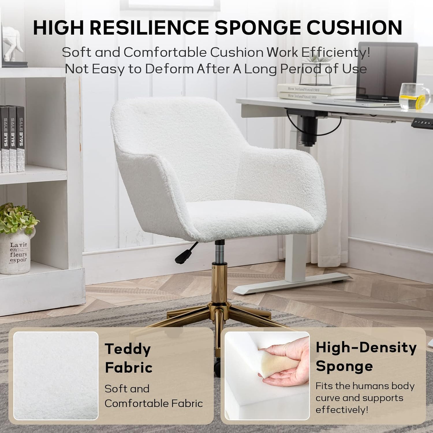 Home Office Desk Chair, 360° Swivel & Height Adjustable Task Chairs, Makeup Chair, Computer Chair with Stainless Base and 5 Wheels for Living Room, Bedroom, Home Office (White Teddy)