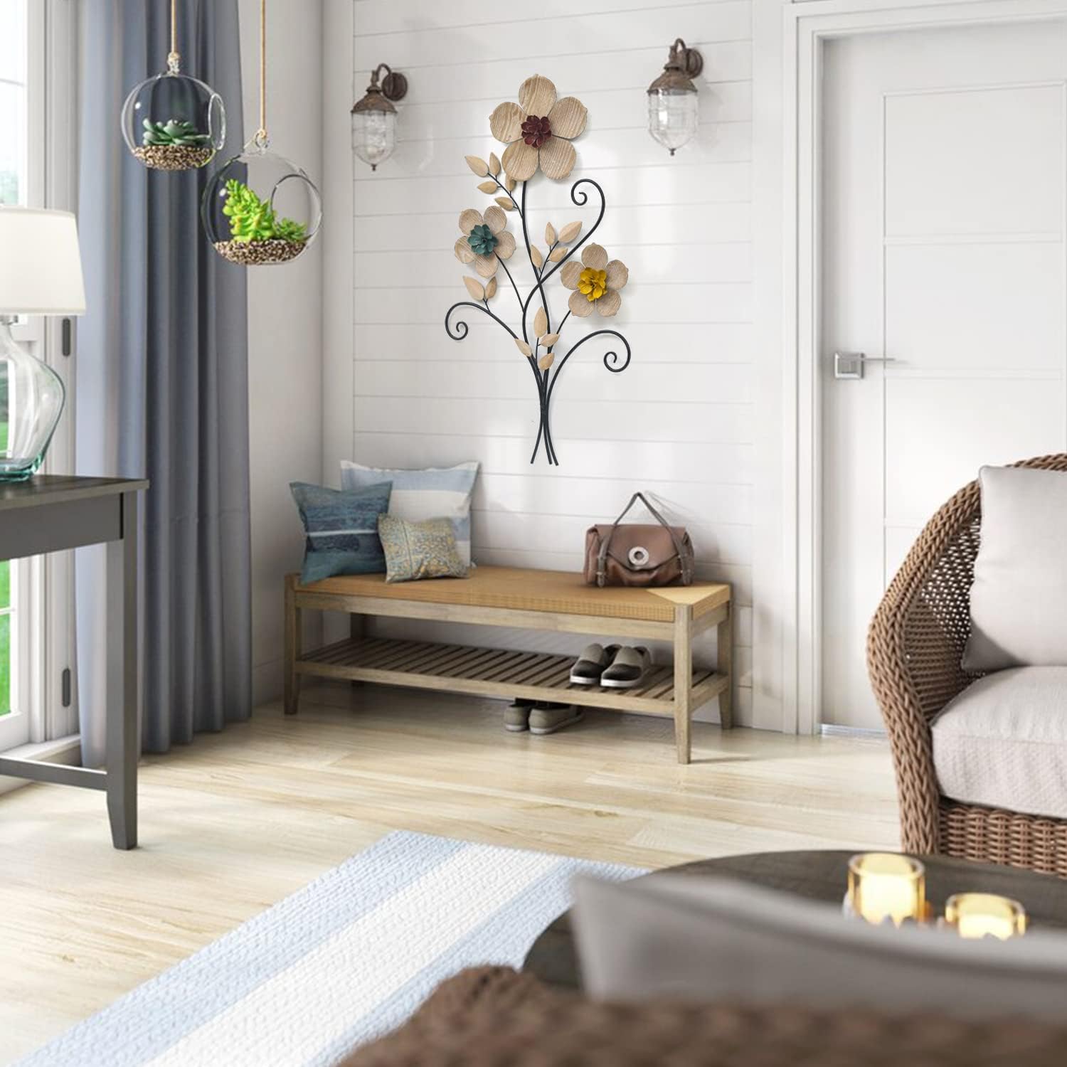 32.48” Metal Flower Wall Art Decor,Boho 3D Metal Floral Wall Sculpture with Vibrant Stamens and Natural Wood Texture Petals