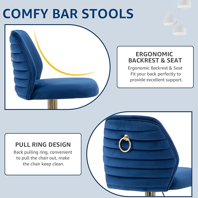 Modern Velvet Bar Stools Set of 2, Swivel Barstools with Golden Legs, Back Ring Design, Kitchen Island Chairs, Counter Height Stool for Home Bar, Kitchen Island,Pub, Cafe (Navy Blue)