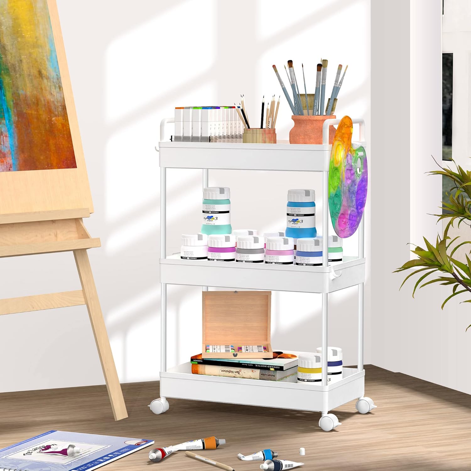 Rolling Storage Cart, 3 Tier Utility Cart Mobile Slide Out Organizer, Bathroom Standing Rack Shelving Unit