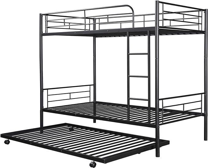 Metal Bunk Bed with Trundle Twin Over Twin Bunk Bed Frame with Ladder and Safety Rails for Kids Triple Metal Bunk Can be Divided into Two beds, Black