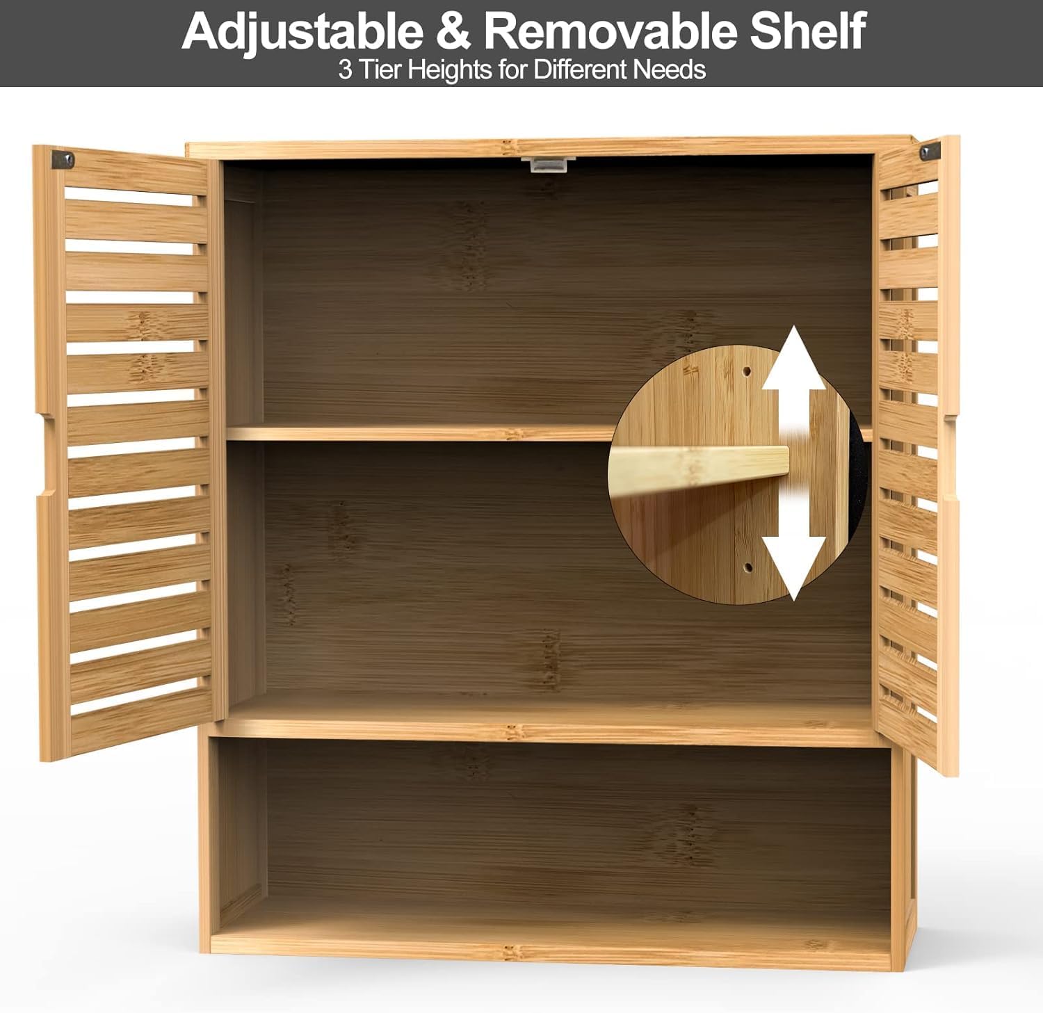 Bathroom Wall Cabinet, Bamboo Medicine Cabinet Wall Mounted, Over The Toilet Hanging Cabinet with 2 Doors & 3 Tier Shelves