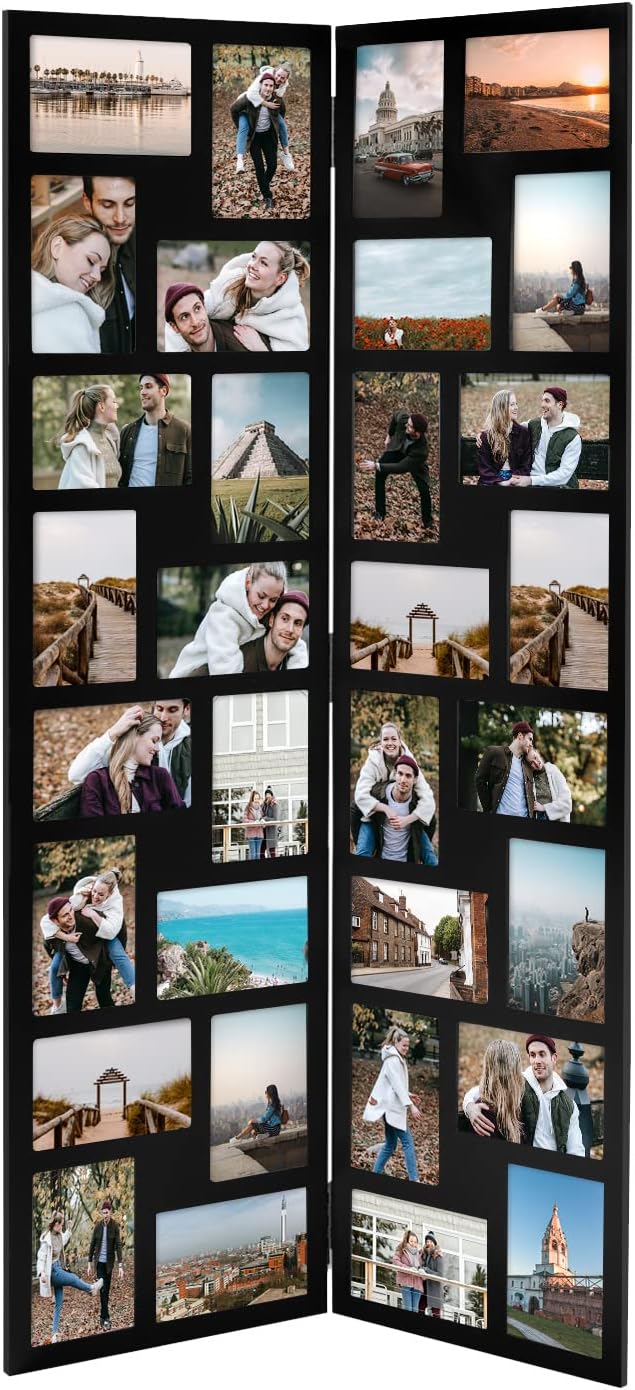 Black Wood Hinged Folding Screen-Style Collage Picture Photo Frame 32 Openings