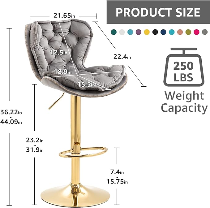 ERGONOMIC-DESIGNED BACKREST - This bar stool is made of gold metal and velvet fabric, stylish style to create a very eye-catching design. Its ergonomic-designed backrest and footrest can provide more support for your body while sitting. The cushioned bar