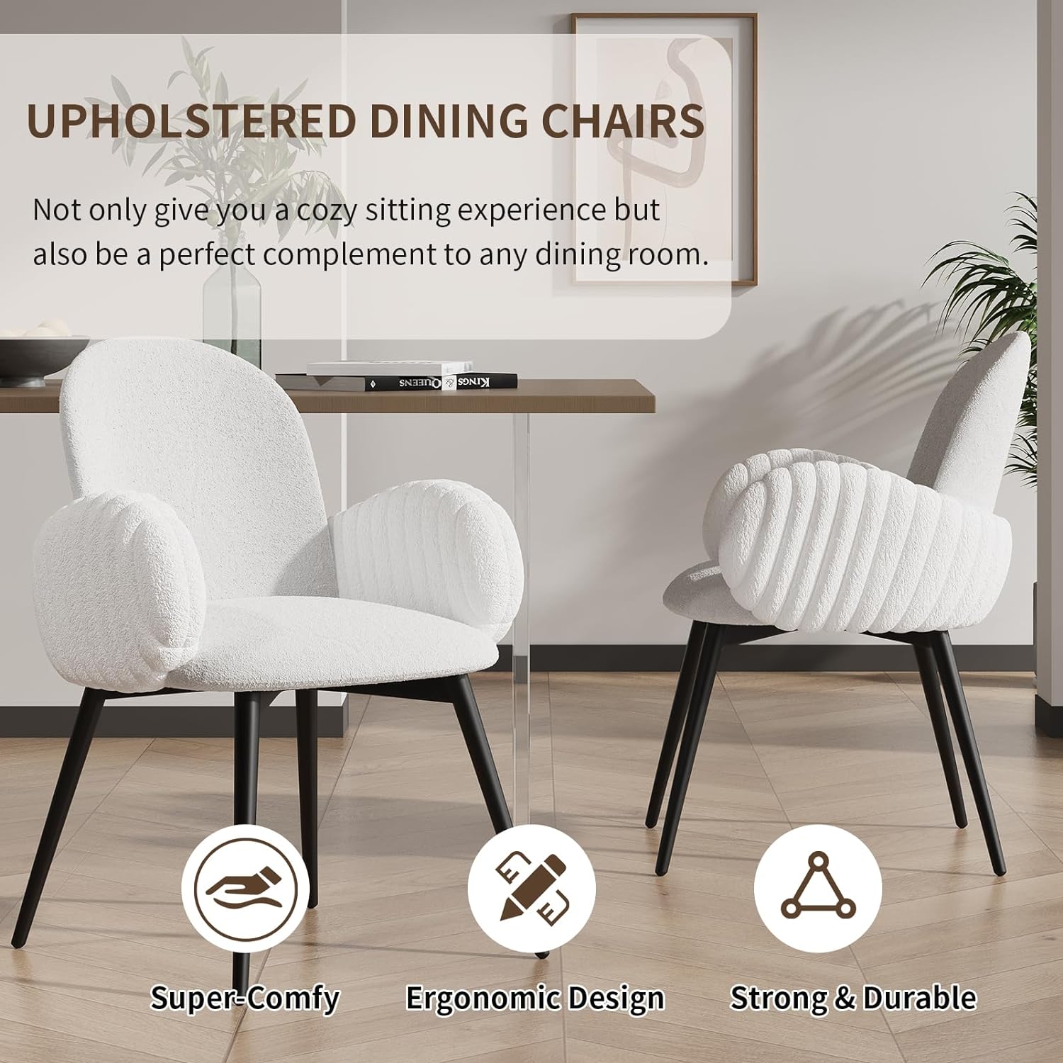 Modern Dining Chairs Set of 2, Chenille and Faux Fur Upholstered Accent Chairs with Tufted Armrest, Side Chair with Metal Legs, Armchairs for Dining Room, Makeup Room (Set of 2)