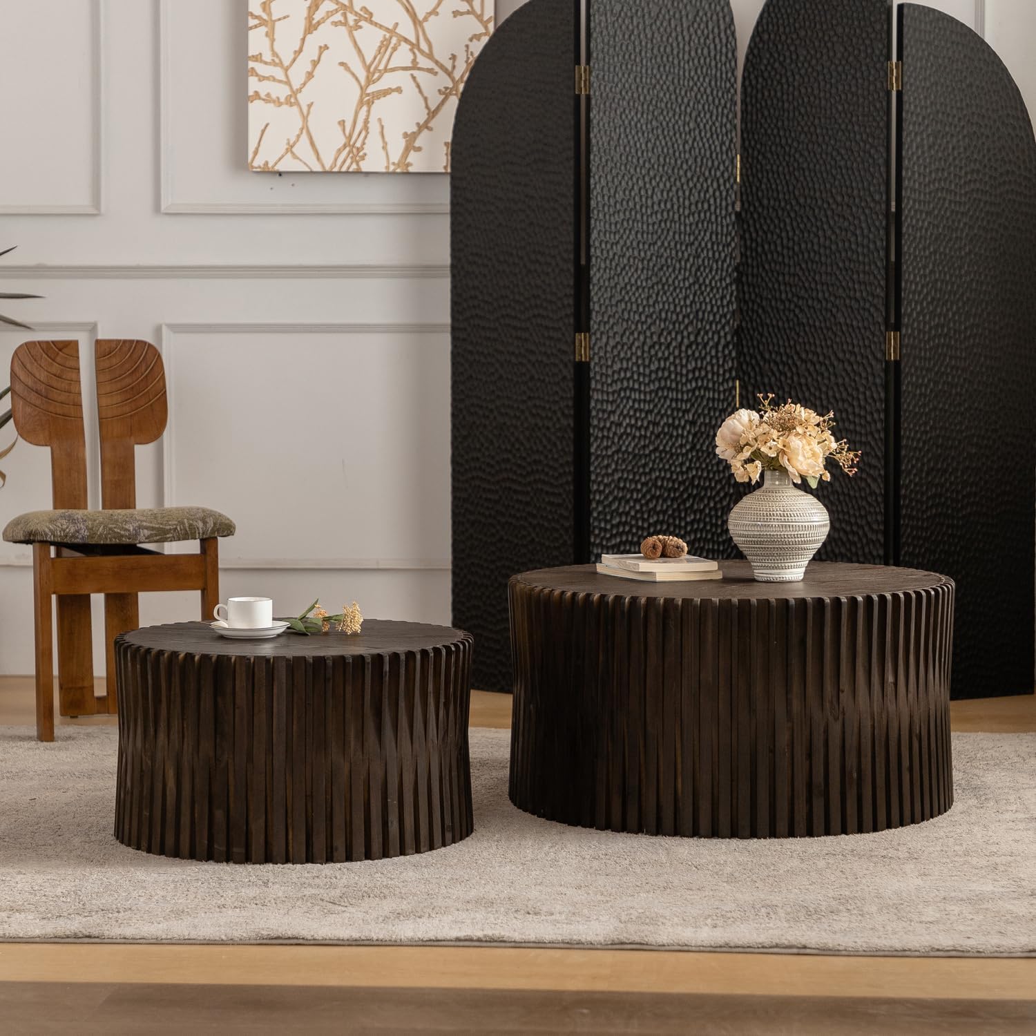 Nesting Coffee Table Set of 2, Round Coffee Table Modern Wood Drum Side Table End Table for Living Room