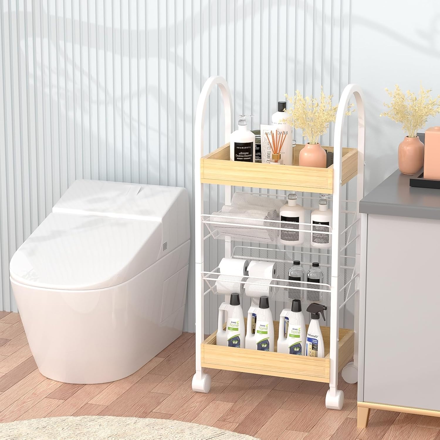 Small Bathroom Storage Cart Organizer - 4-Tier Narrow Rolling Cart Organizer with Wheels,2 Metal Basket,2 Wooden Tray