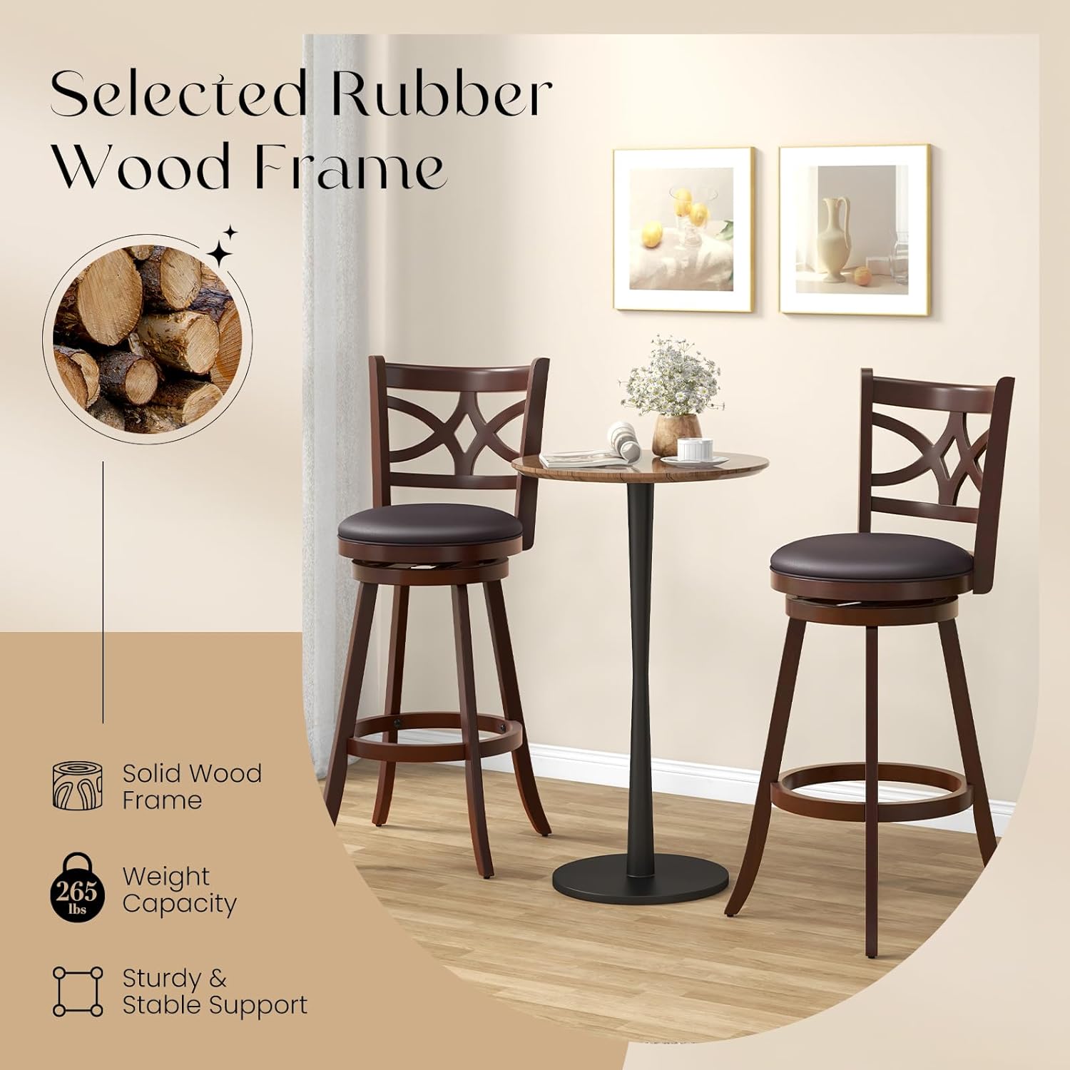Swivel Bar Stools Set of 2, 30" Bar Height Wooden Stools with Padded Seat, Farmhouse Bar Dining Chairs with Rubber Wood Frame, Upholstered Armless Barstools for Kitchen Island Home Bar