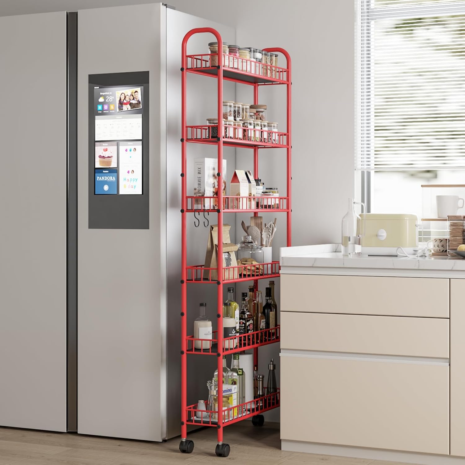 Slim Rolling Storage Cart 6 Tier, Metal Kitchen Storage Cart, Rolling Utility Cart with Lockable Wheels for Bathroom