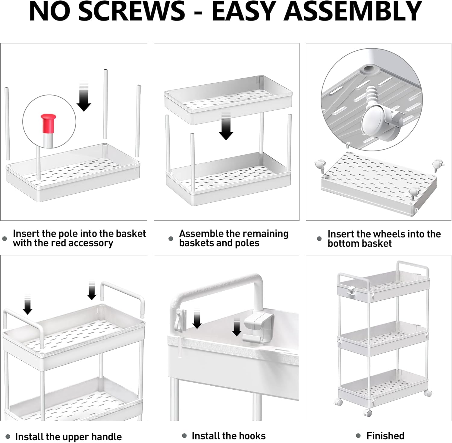 Rolling Storage Cart, 3 Tier Utility Cart Mobile Slide Out Organizer, Bathroom Standing Rack Shelving Unit