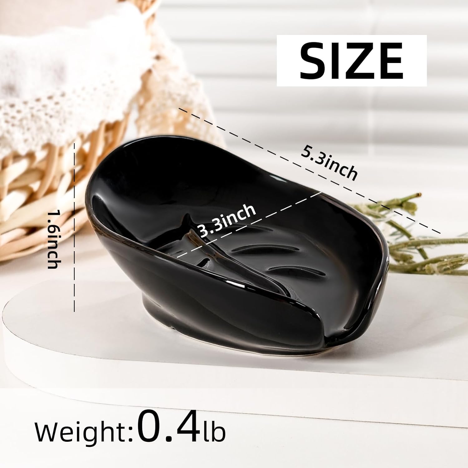 Self Draining Soap Dish, Leaf Shape Ceramic Bar Soap Holder Drain Soap Dishes for Bathroom Sink Kitchen, Easy to Clean Keeps Soap Dry
