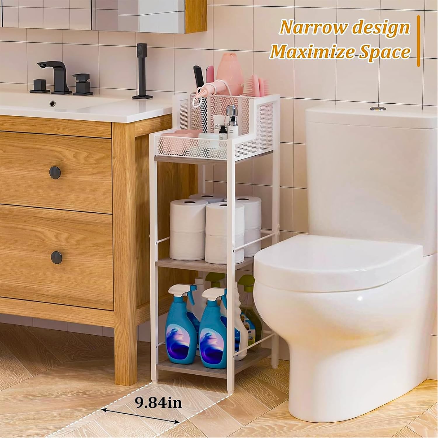 Hair Tool Organizer Bathroom Storage Shelf 3-Tier Hair Dryer Holder with 3 Grids - Makeup Organizer Slim Floor Stand