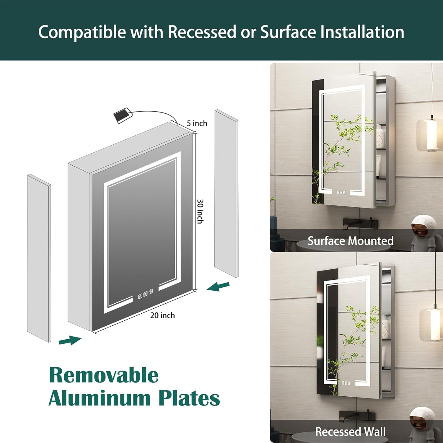 Bathroom Medicine Cabinet with Mirror, 20x30 Inch Led Medicine Cabinets with Lights, Defogger