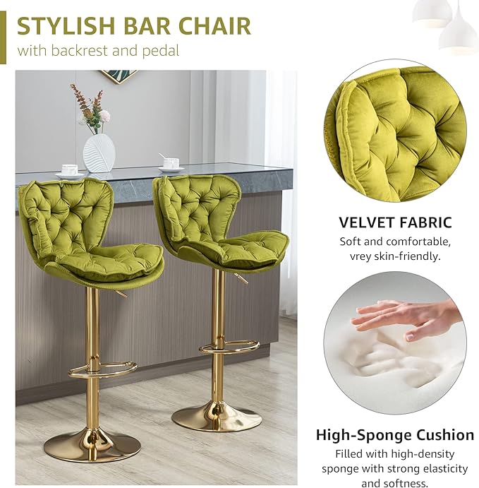 Velvet 360°Swivel Bar Stools Set of 2, Adjustable Bar Chair with Armless Design Tufted Backrest and Metal Gold Legs Dining Chairs Counter Stools for Dining Room, Island, Pub, Bar (Green)