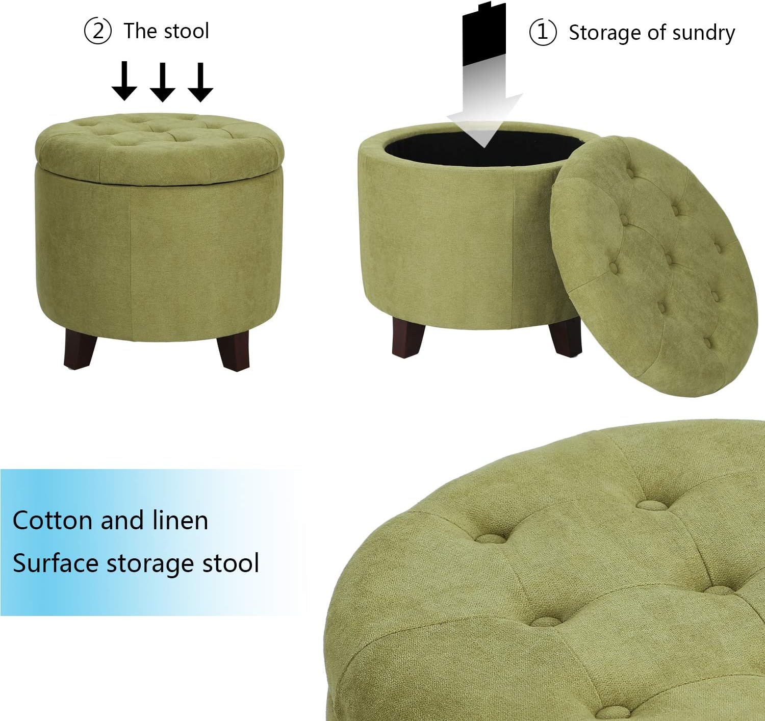 Fabric Cushion Round Button Tufted Lift Top Footstool