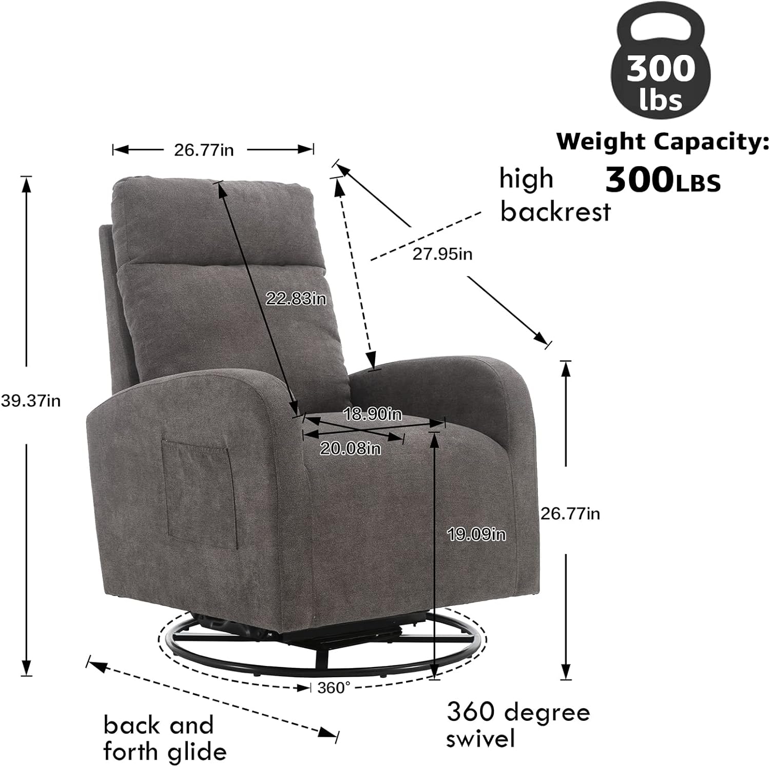 Upholstered Recliner and Swivel Glider, Rocker for Nursery, Rocking Accent Chair Padded Seat with High Backrest and Side Pocket for Living Room (Dark Grey)