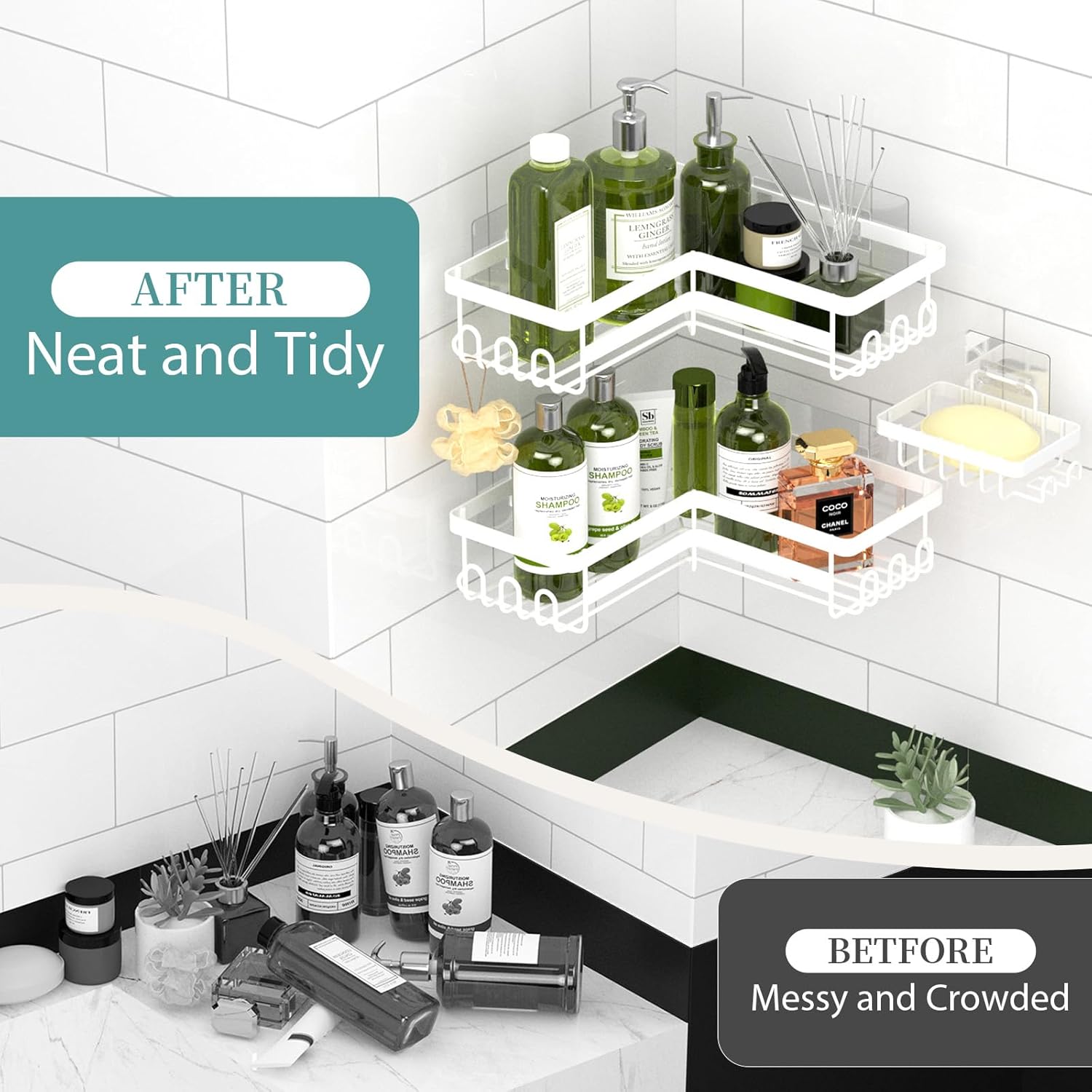 Corner Shower Caddy, 3 Pack Adhesive Bathroom Accessories with Soap Holder, Storage Stainless Shower Organizer