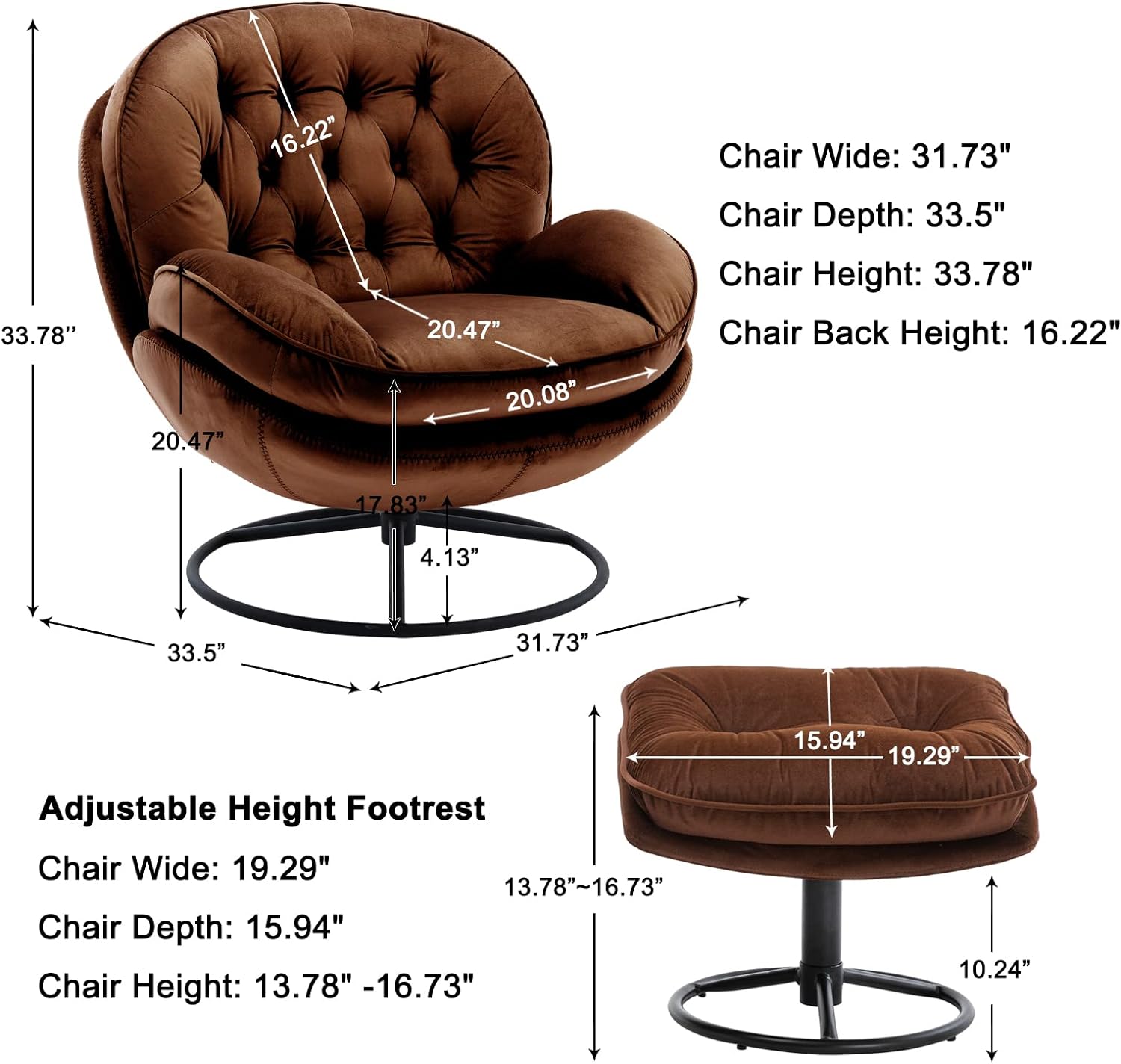 Swivel Velvet Accent Chair with Ottoman, Upholstered Lounge Chair with Footrest Comfy with 360° Swiveling Cushioned Recliner Armchair for Living Room Bedroom Office (Brown)