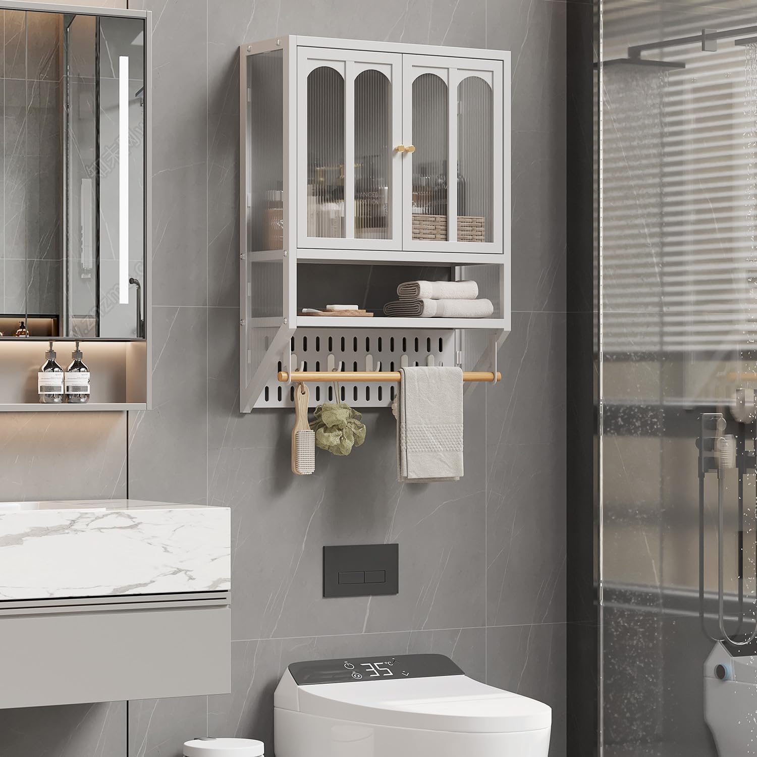 Metal Bathroom Wall Cabinet with Towel Bar & Hooks, Medicine Cabinet for Bathroom, Modern Industrial Wall Cabinet