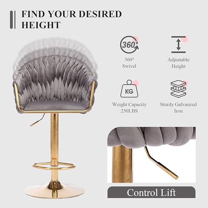 Velvet 360° Swivel Bar Stools with Hand Woven Backrest Design Upholstered Adjustable Counter Bar Stool with Golden Bracket Back and Footrest Bar Chair for Kitchen, Pub (1, Grey)