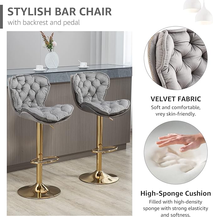 ERGONOMIC-DESIGNED BACKREST - This bar stool is made of gold metal and velvet fabric, stylish style to create a very eye-catching design. Its ergonomic-designed backrest and footrest can provide more support for your body while sitting. The cushioned bar