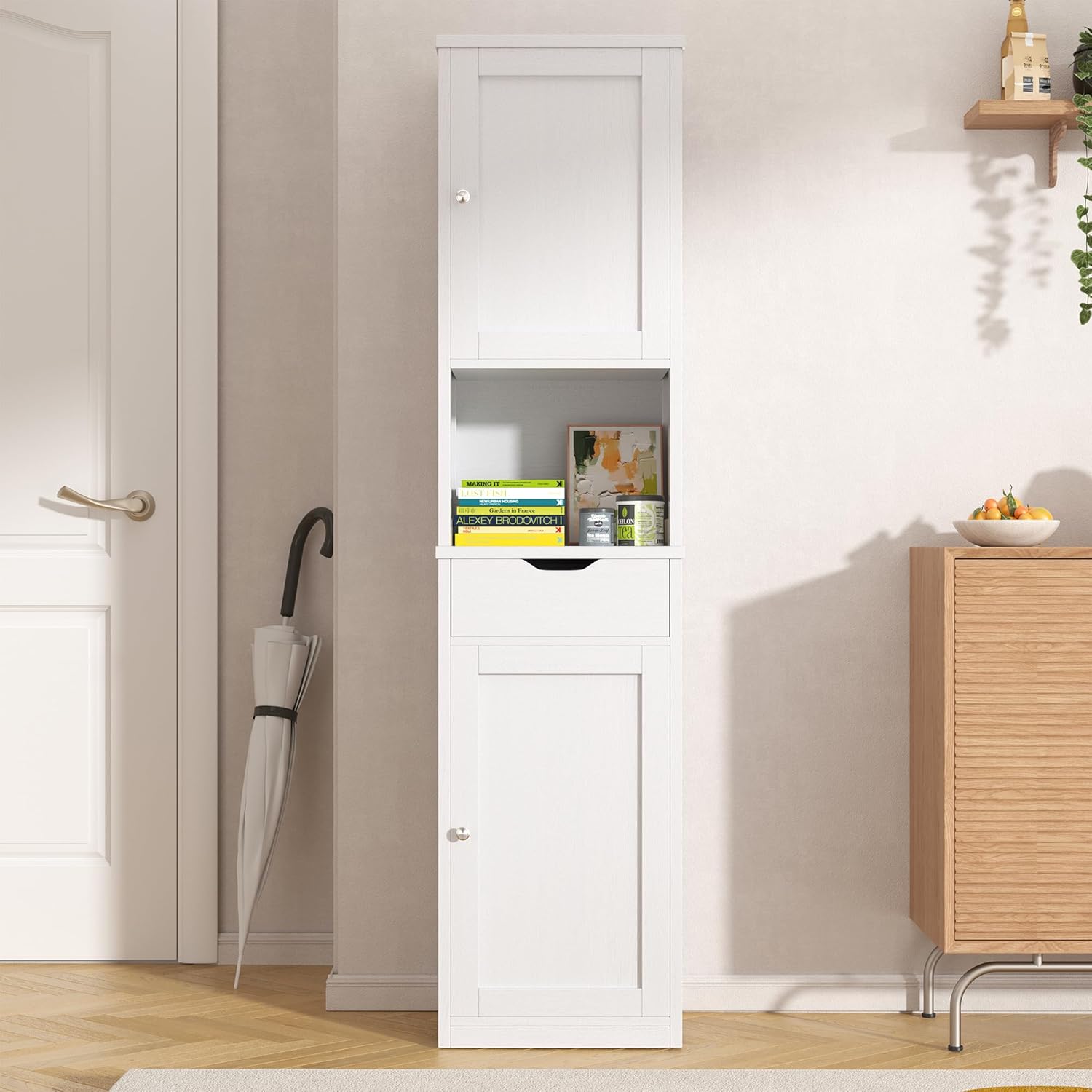 Tall Bathroom Storage Cabinet, 64”H Freestanding Storage Pantry Cabinet, Narrow Cabinet with Adjustable Shelves