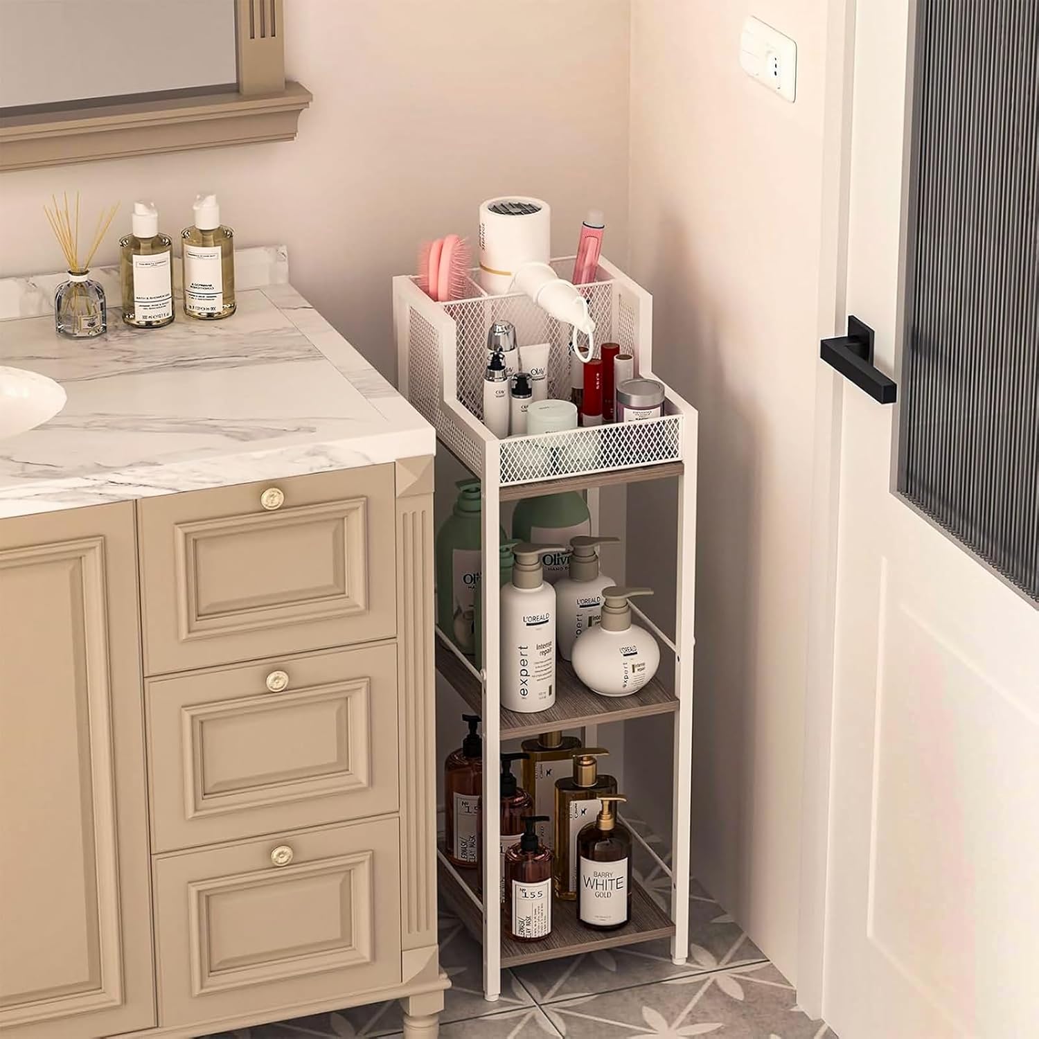 Hair Tool Organizer Bathroom Storage Shelf 3-Tier Hair Dryer Holder with 3 Grids - Makeup Organizer Slim Floor Stand
