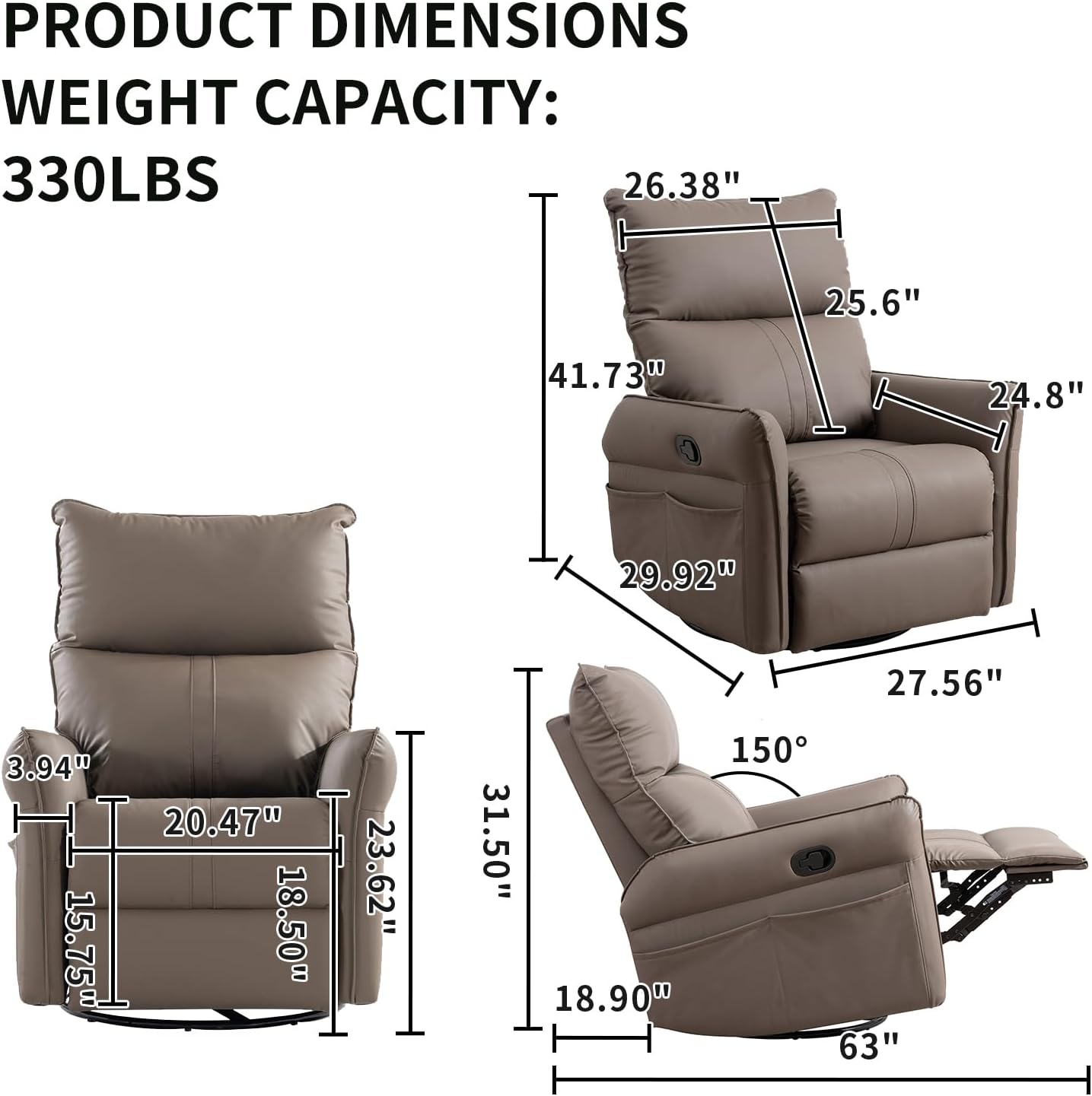 Rocker Recliner Chair, 240 Degree Swivel Nursery Rocking Chair, Glider Chair with Side Pockets and Footrest, Modern Single Sofa Chair for Bedroom, Living Room (Brown)