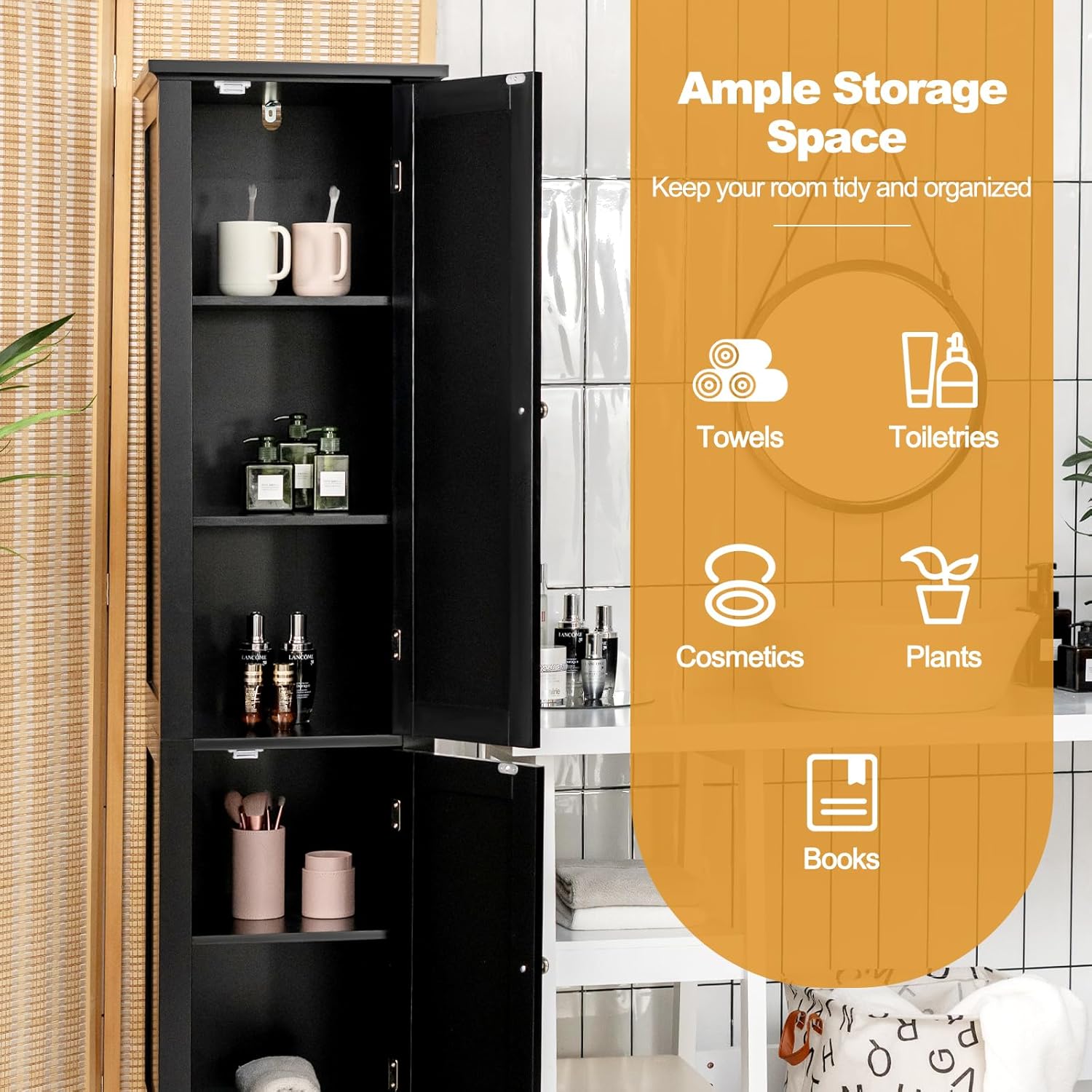 Tall Bathroom Storage Cabinet, 5-Tier Freestanding Linen Tower Cabinet with 2 Doors, Wooden Side Storage Organizer