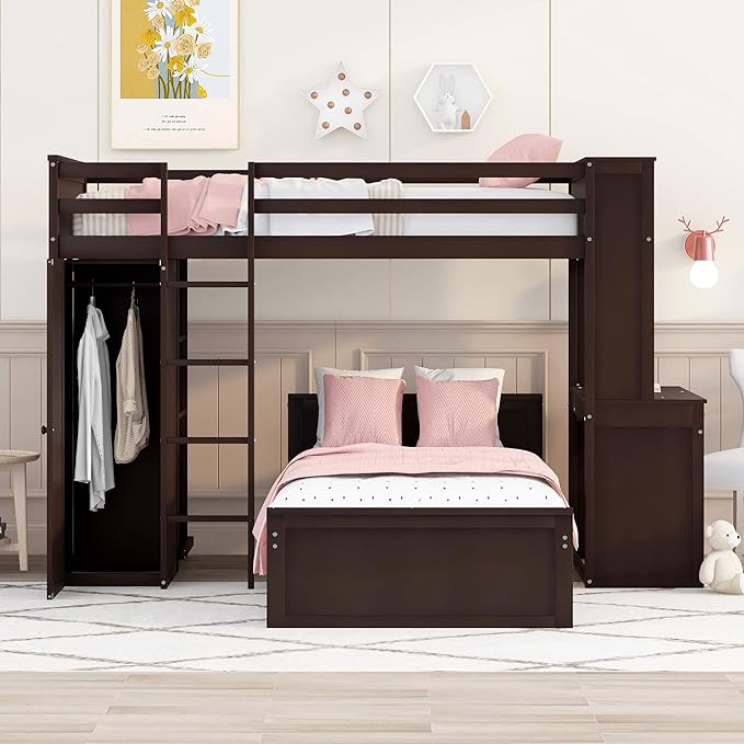 Loft Bed with Desk and Wardrobe Twin Over Twin Loft Bunk Beds Frame with Storage Drawers and Bookcase Wood All in One Beds for Kids Boys Girls Teens, Espresso
