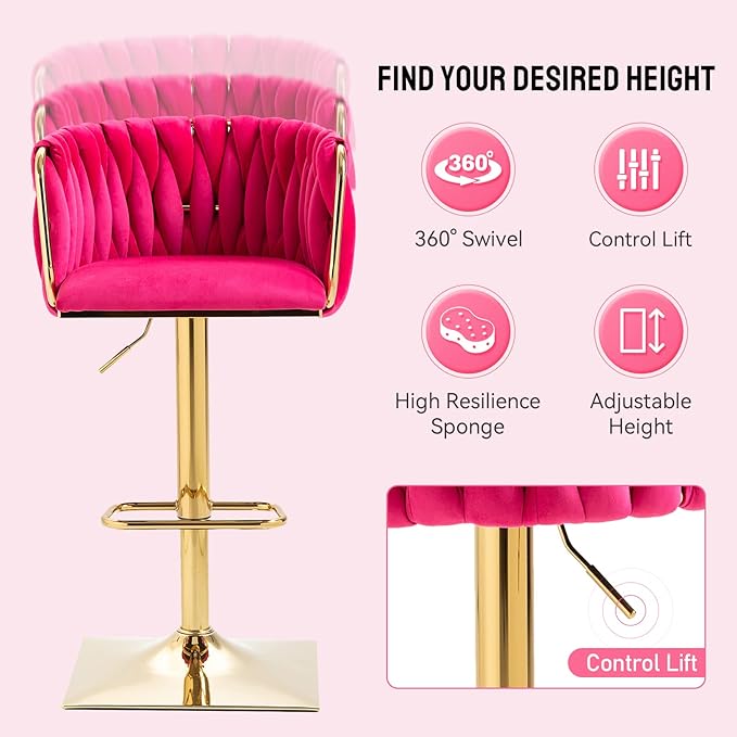 Bar Stools Set of 2 with 360° Swivel Hand Woven Backrest Design Upholstered Adjustable Counter Velvet Bar Stool with Golden Bracket Back and Footrest Bar Chair for Kitchen, Pub (Rose Red)