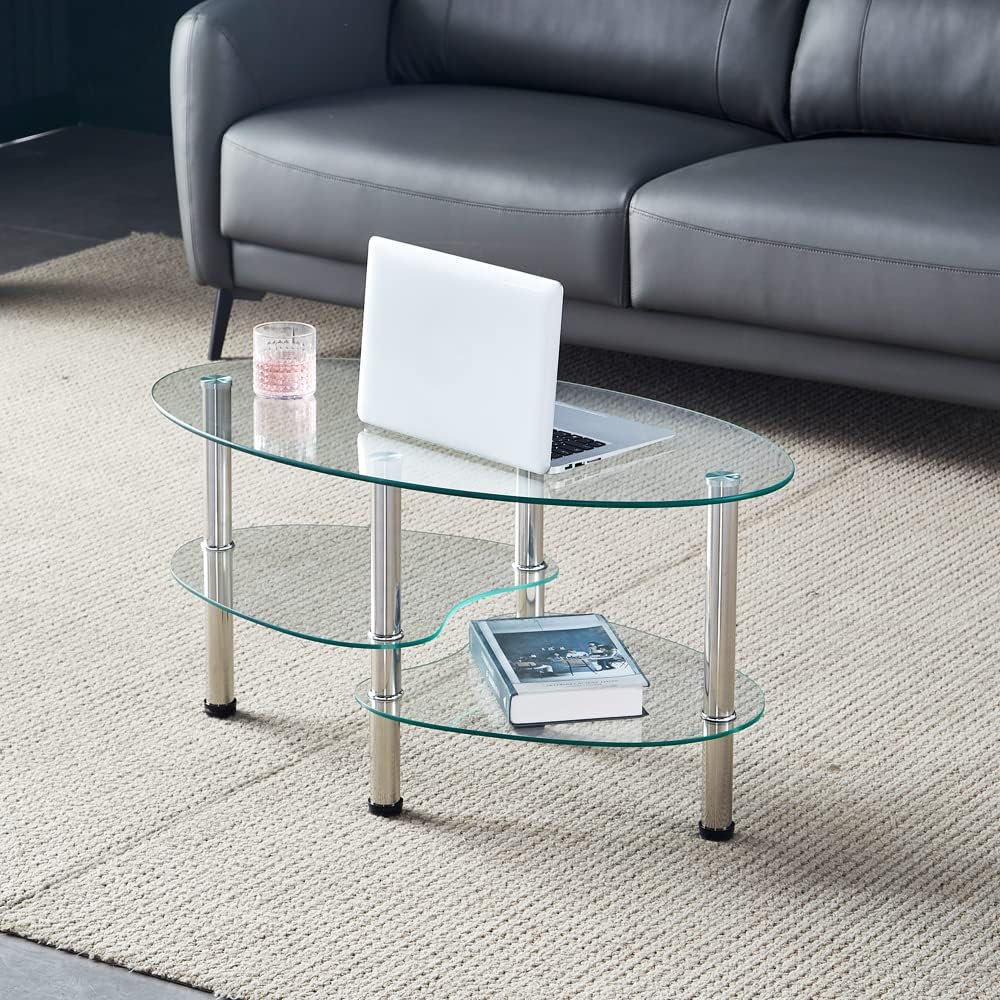 Oval-Shaped Glass Tea Table for Office, 3-Tier Modern Coffee Table
