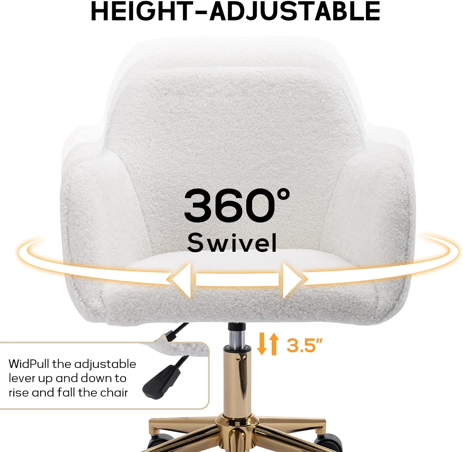 Home Office Desk Chair, 360° Swivel & Height Adjustable Task Chairs, Makeup Chair, Computer Chair with Stainless Base and 5 Wheels for Living Room, Bedroom, Home Office (White Teddy)