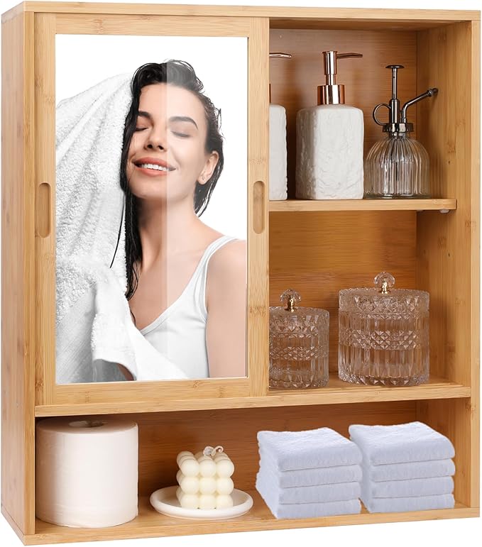 Bathroom Cabinet Wall Mounted,Vanity Mirror with Storage,Medicine Cabinet with Mirror (Bamboo)