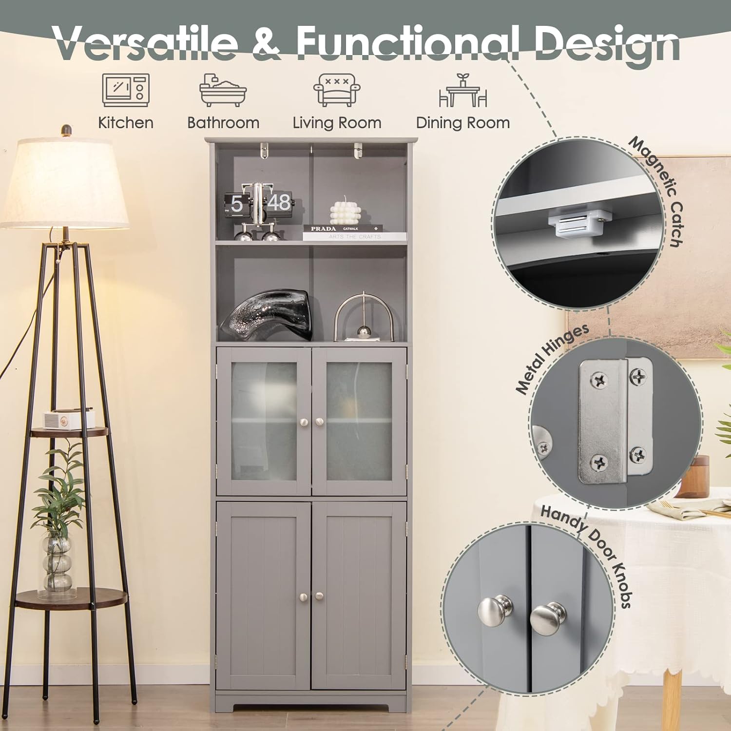Tall Bathroom Storage Cabinet, Freestanding Floor Cabinet w/2 Glass Doors & 2 Open Shelves, 3-Position Adjustable Shelves, Anti-toppling Design
