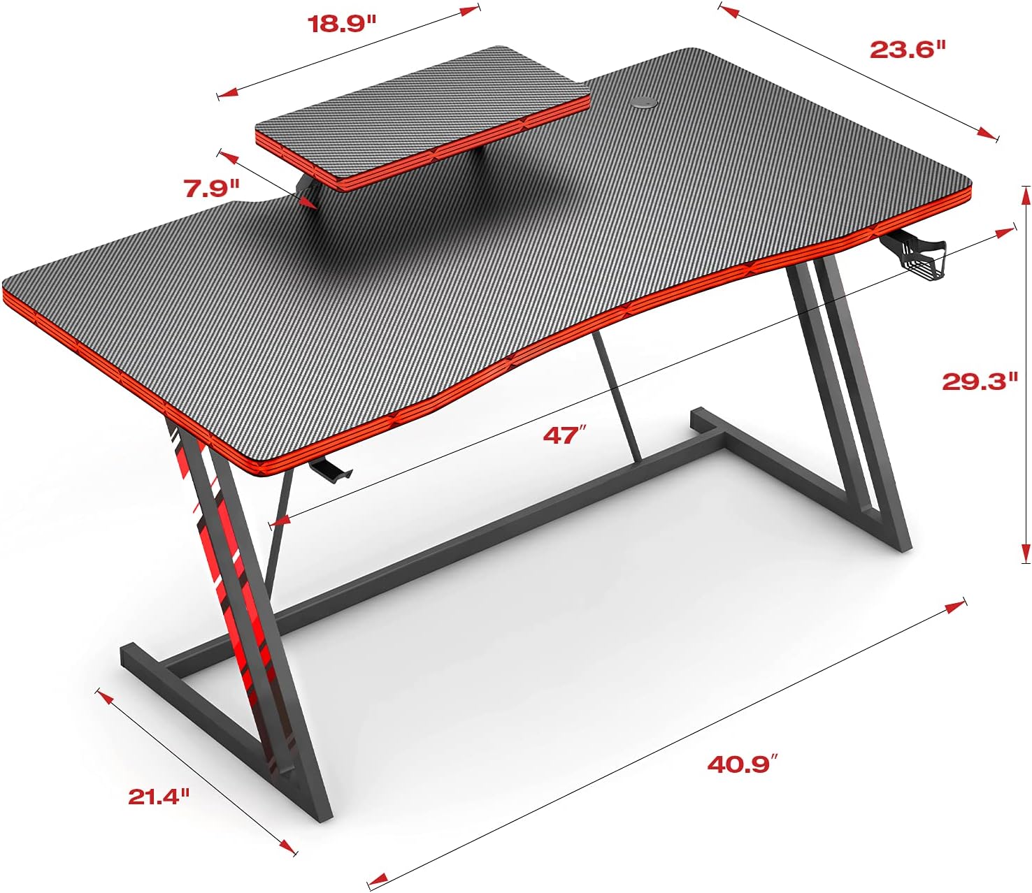 47 inch Gaming Desk PC Computer Table Racing Style Home Office Desk Z Shaped Carbon Fiber Desktop Gamer Workstation with Monitor Stand Cup Holder and Headphone Hook
