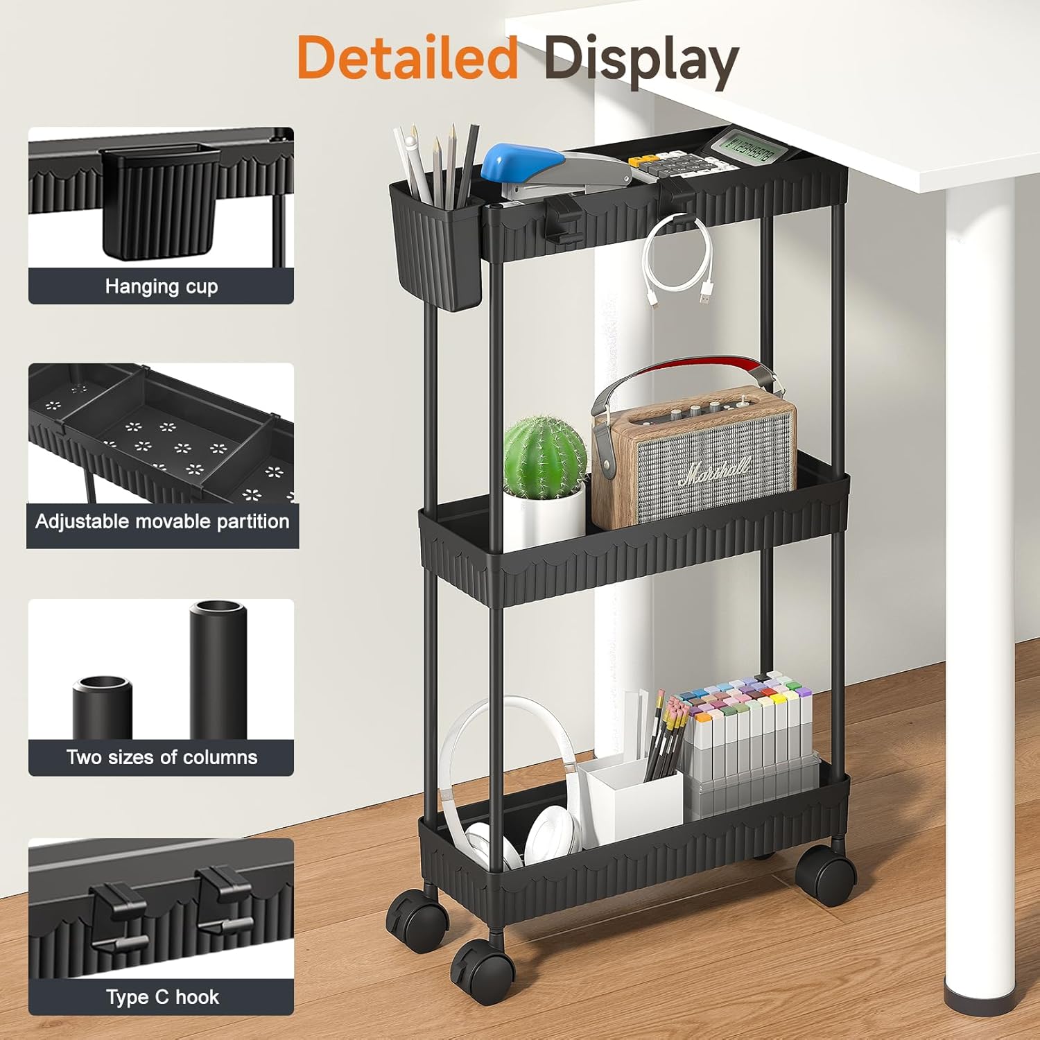 2 Pack Slim Storage Rolling Cart with Wheels, 4 Tier Rolling Cart Bathroom Organizers and Storage, Utility Cart for Laundry Room Organization