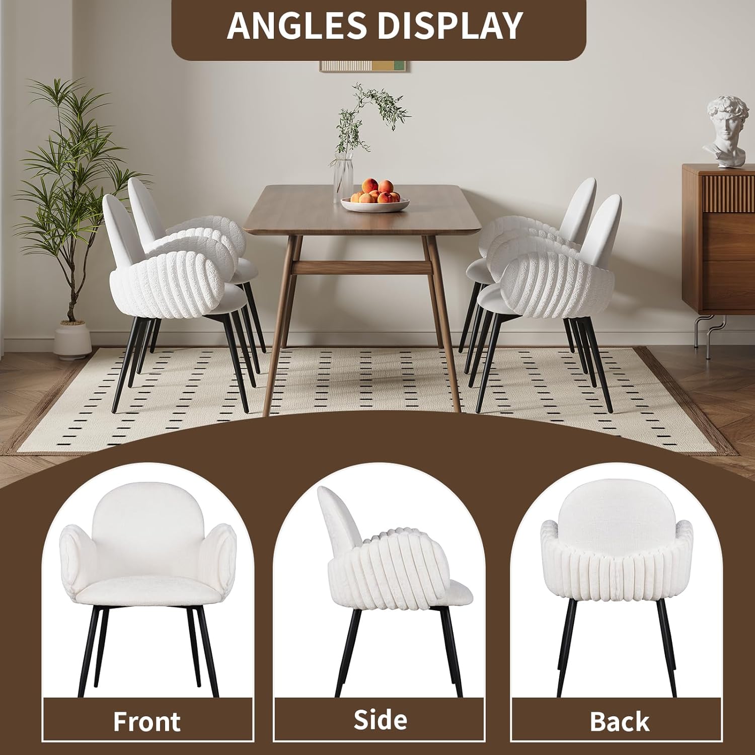 Modern Dining Chairs Set of 2, Chenille and Faux Fur Upholstered Accent Chairs with Tufted Armrest, Side Chair with Metal Legs, Armchairs for Dining Room, Makeup Room (Set of 2)