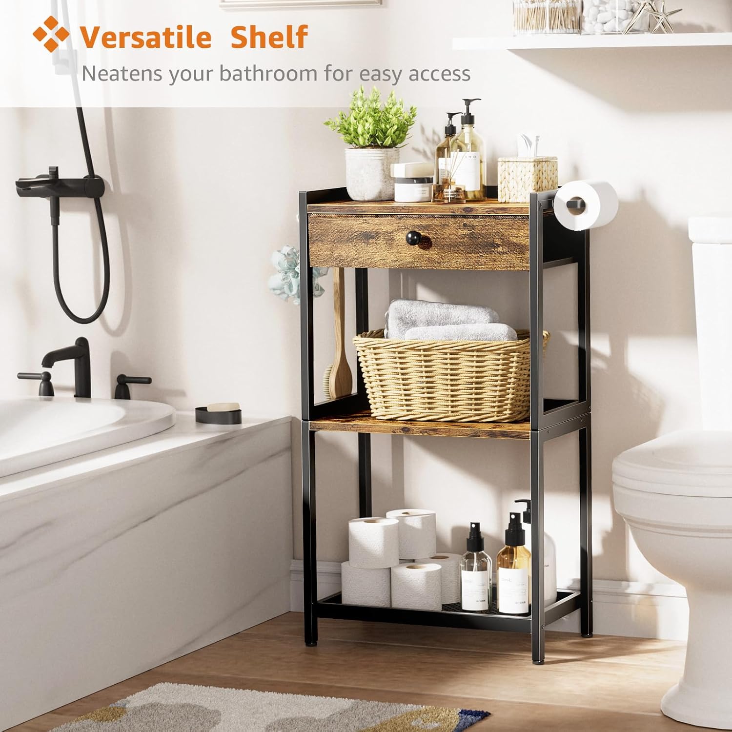 Farmhouse Bathroom Standing Shelf - Floor Freestanding Ladder Storage Shelves Organizer with Drawer Toilet Paper Holder